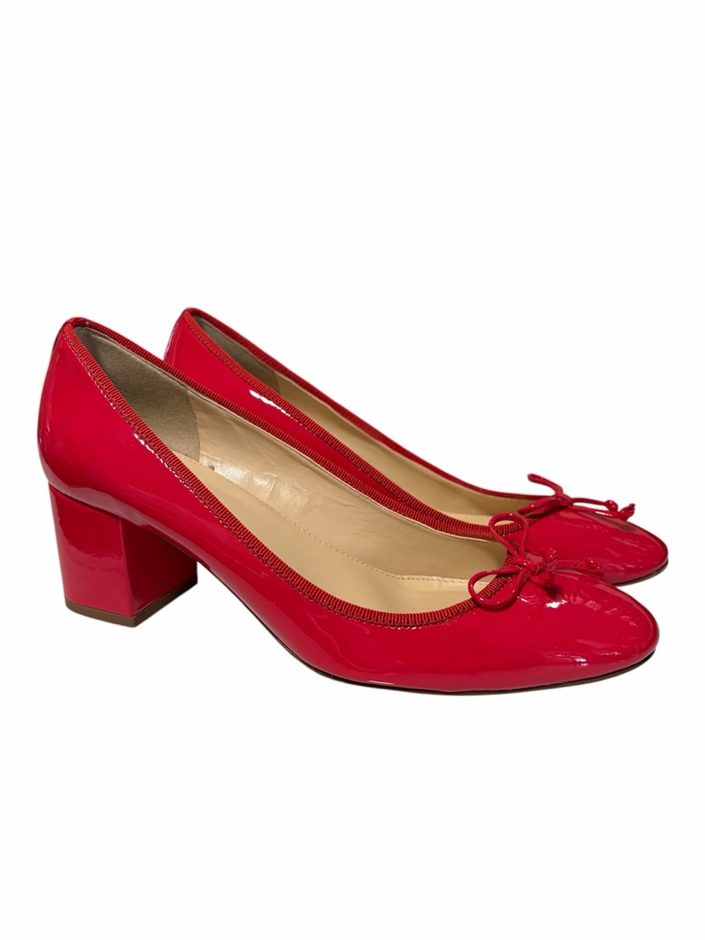 J. Crew Kate Block Heel Ballet Pumps Red Patent Leather Bow 7.5